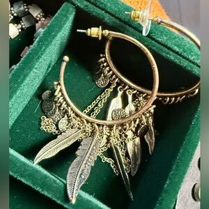 Gold Feather Charm Hoop Earrings - Women Jewelry